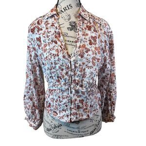 Anthropologie Long Sleeve Floral Smocked Button Front Blouse Size S Cottage